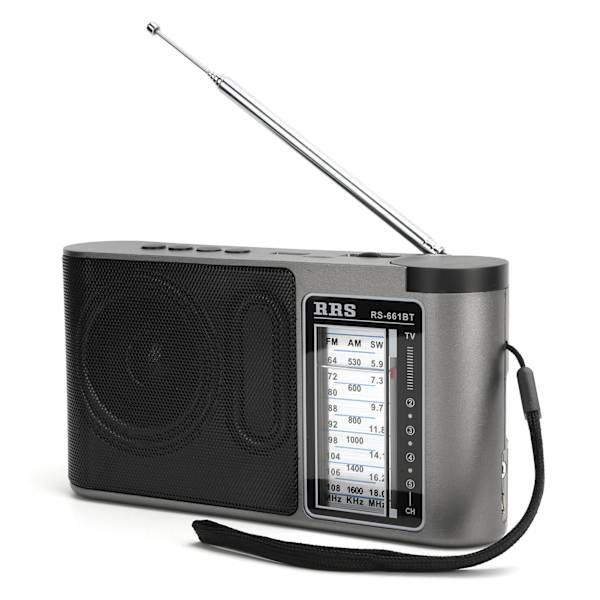 Bærbar Bluetooth 4.0 radiomottaker med flere bånd og manuell innstilling med teleskopantenne, grå