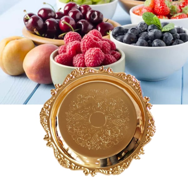 Rund fruktfat i metall, serveringsfat, dessertfat, dekorativ skive for bryllup, feriefest, gullfarget S