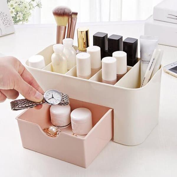 Kosmetik Makeup Organizer PP Multifunktionel 6 Rum Makeup Skrivebords Organizer med Skuffe Pink