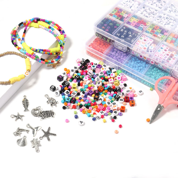 8800 stk. alfabet bogstavperler i lyse farver 3mm DIY smykketilbehør med saks vedhæng elastisk tråd til håndværk 8 stk. legering vedhæng