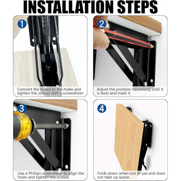 2 Stk. 290 mm Kraftig Foldbart Beslag, Sort Foldbart Konsolbeslag, Vægbeslag til Garage, Køkken, Kontor, Soveværelse, Foldning
