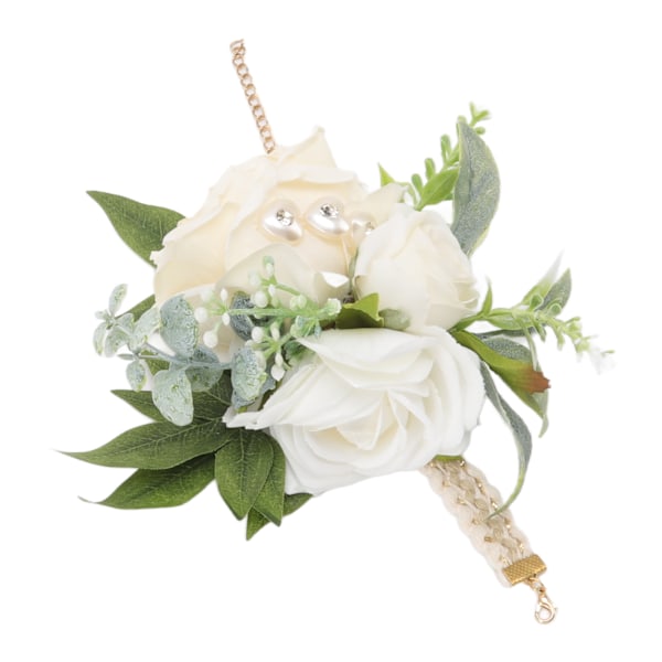 Håndleddsblomster til bryllup, brud, håndleddsblomst, dekorative hvite roser og grønne blader til gallafest