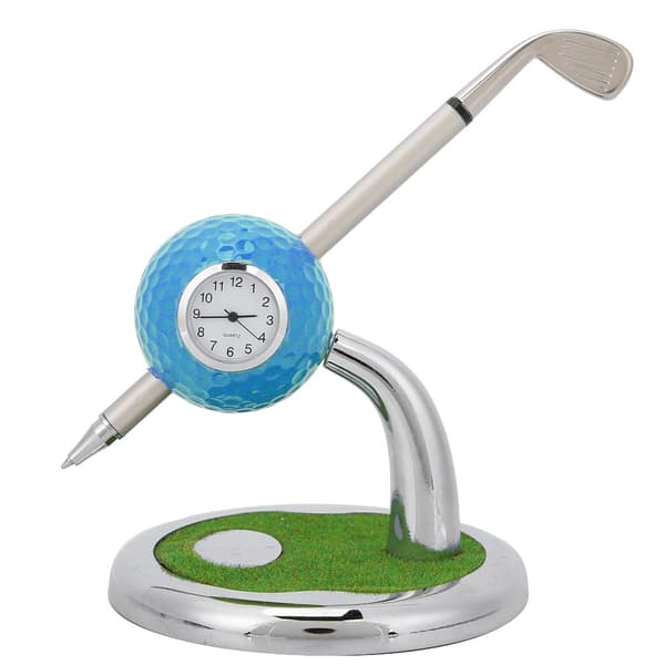 Golfboldpenholderstativ med pen og ur skrivebordsindretning golfgave (blå)