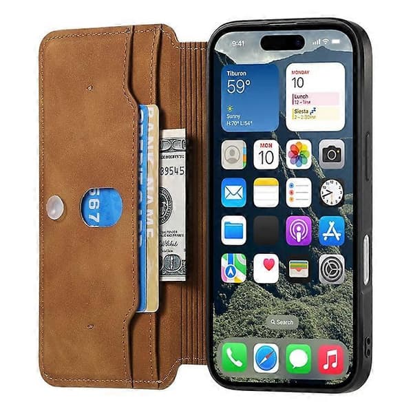 CASENEO Compatible with iPhone 16 Cross-Grain Leather Case Detachable Magnetic Phone Case Brown