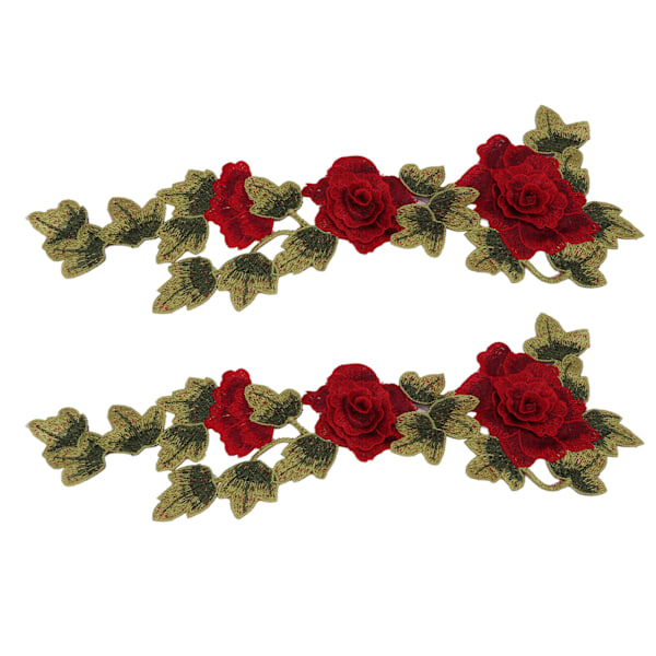 2 stk. røde blomsterbroderede patches, delikate blomsterdetaljer, lyse farver, strygepatches til tøj, håndtasker, hatte, bukser