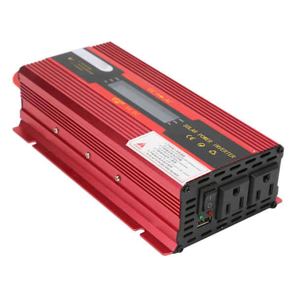 Punainen modifioitu siniaaltotehoinvertteri DC 12V/24V AC 110V:iin, jossa kaksi AC-pistorasiaa, USB-latausportti ja LCD-näyttö