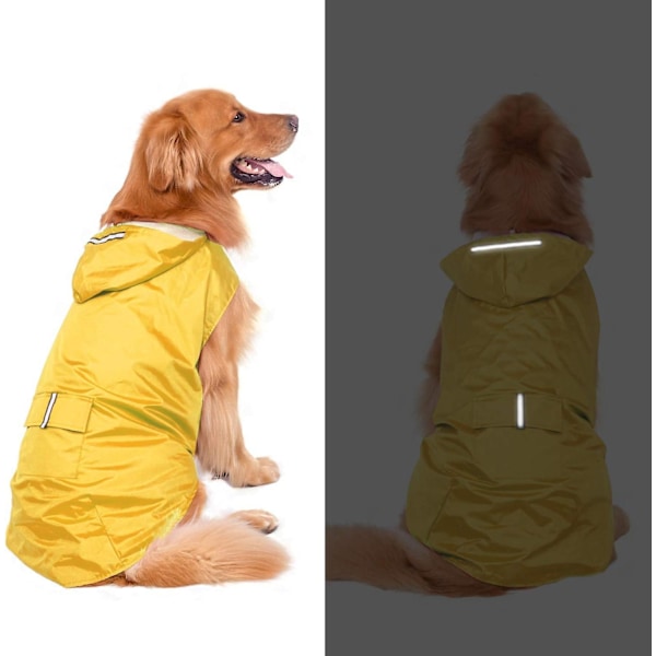 Justerbar pustende blå hunderegnfrakk for store og mellomstore hunder - Reflekterende striper, hetteponcho, vanntett hundeklær, regnjakke.