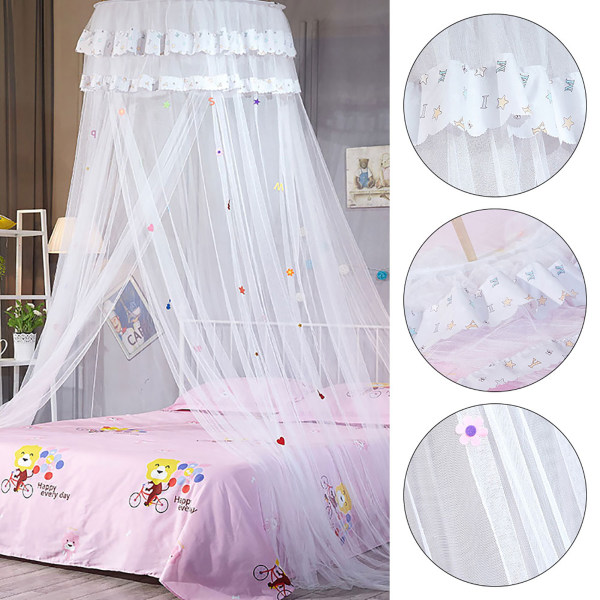 Pyöreä katospitsinen prinsessatyylinen hyttysverkkoverho lasten sänkyyn (valkoinen)