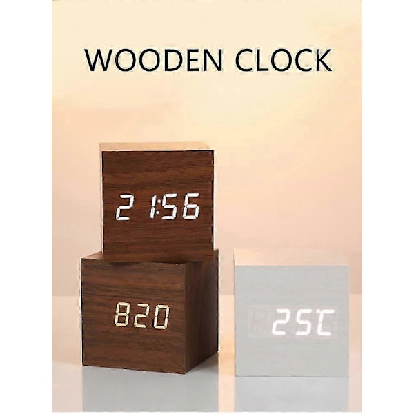 LED Digital Väckarklocka Träimitation Bordsklocka Nattlampa Termometer Snooze Alarmklocka DE FP Bambu