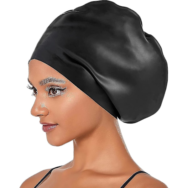 Waterproof XL Silicone Swim Cap for Long Hair, Braids, and Dreadlocks - Ideal for Women, Men, and Kids Black