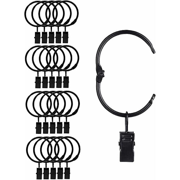 20 Stk. Åbne Metal Gardinering med Clips, Let at Åbne og Lukke, Indvendig Diameter 38mm, til Tunge Gardiner og Lettere Gardiner (Sort)