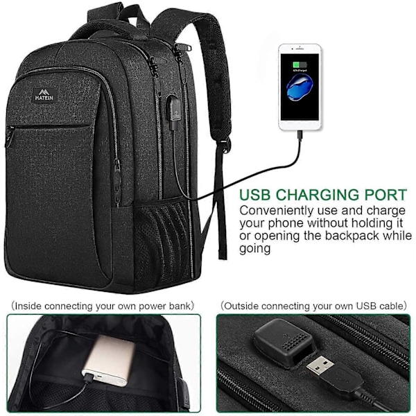 Reseryggsäck för Laptop, Lättviktsväska för Arbete med USB-laddningsport, Stöldskyddande Affärsryggsäck för Män och Kvinnor, Passar 15,6 Tums Laptop - Svart