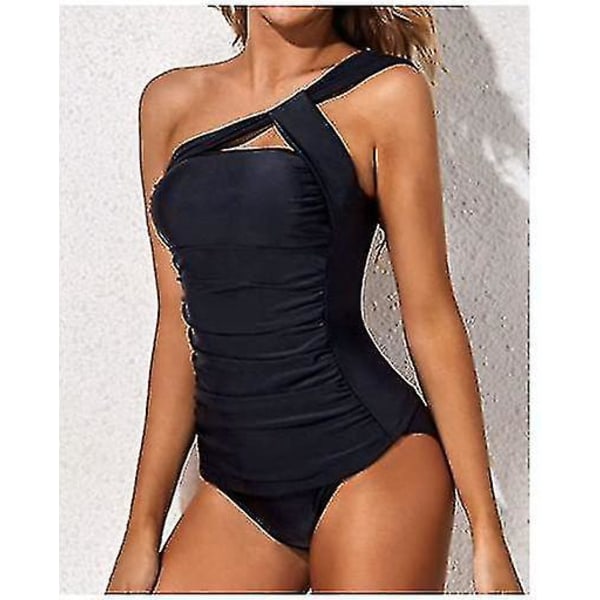 Stilfuld Tankini-sæt med én skulder - Dame-badedragt med shorts XL Sort