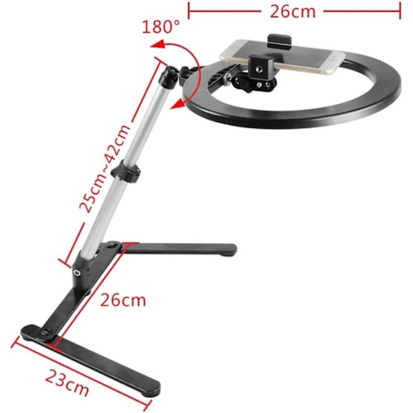 10 tommer Ring Light Stativ med Mobiltelefonholder, Justerbar Luftholder til Online Undervisning, Video, Håndværksdemonstration, Kalligrafi, Bagning