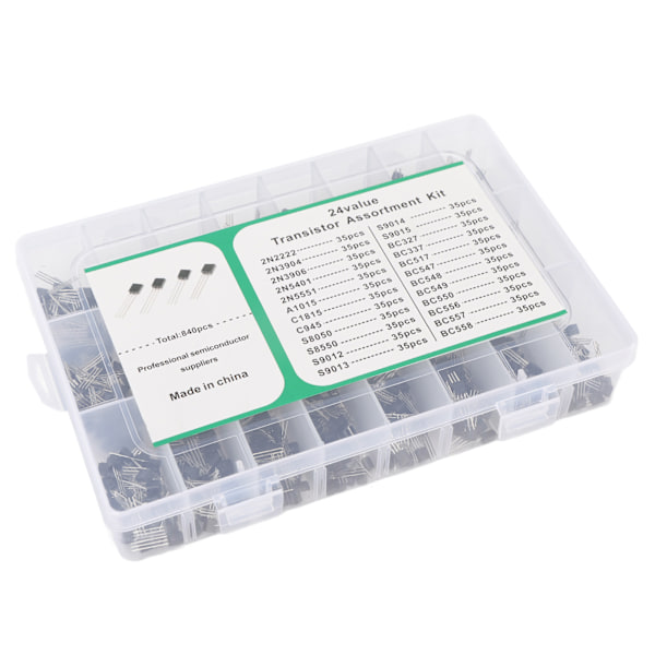 840 stk BC337 BC549 A1015 Transistor Diode Triode 24 verdier NPN PNP Power General Purpose Transistor Assortment Kit