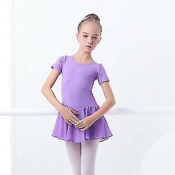 Girls' Ballet Dress with Short Sleeves, Chiffon Skirts, and Bowknot Dance Leotards Height 110-120cm Lavender ShortSleeve