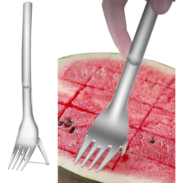 2 i 1 Vannmelonkutter og -deler - Fruktkuttgaffel i rustfritt stål Melon Cube Cutting Tool for kjøkkenutstyr