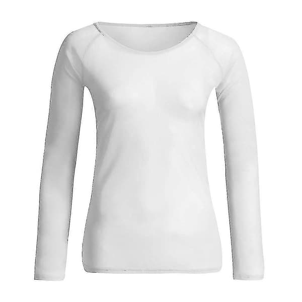 Gennemsigtig langærmet sømløs armformende top mesh bluse til kvinder Hvid White L