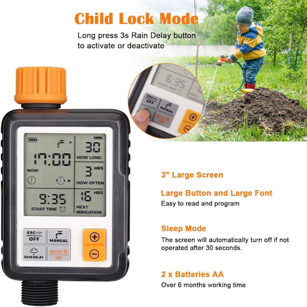 Automatisk vandtimer til haven, udendørs vandtimer, sprinkler timer med stort LCD-display