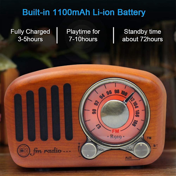Bärbar FM-radio med Bluetooth transistor, uppladdningsbart batteri och trädekor minihögtalare