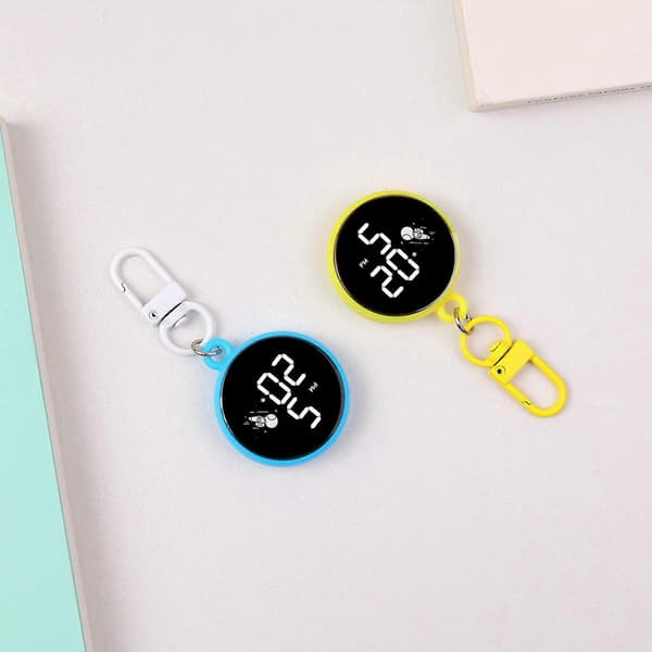 Innovative Round Keychain with Electronic Clock for Easy Accessory Change on Handbags or Keychains Red Red