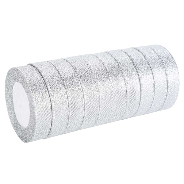 10 rullar glitter satinband polyester presentförpackning bröllopsdekoration festtillbehör silver