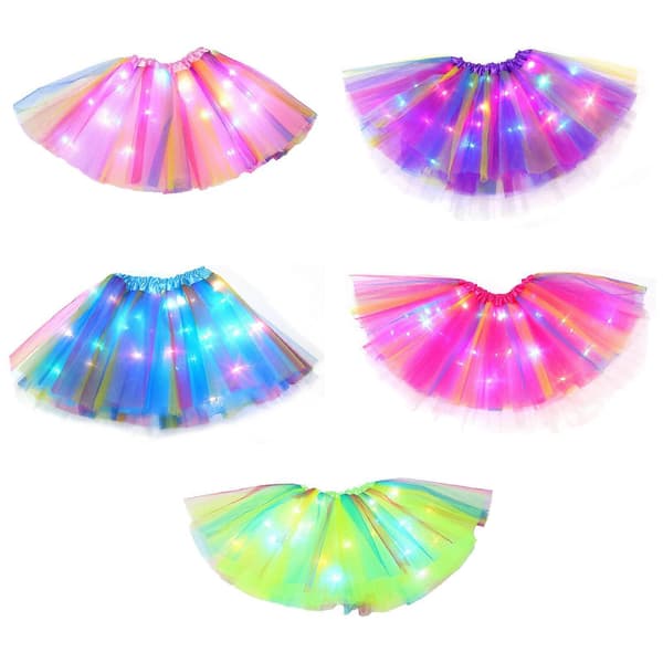 Lysende LED Tutu-nederdel til piger 2-12 år - Regnbueprint Elastisk 3-lags lysende dansenederdel