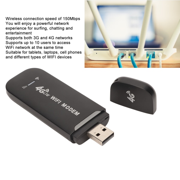 4G LTE USB WiFi -reititin 150 Mbps, tukee 10 käyttäjää, kannettava WiFi-modeemi, mobiili WiFi-reititin tabletille, kannettavalle tietokoneelle, musta