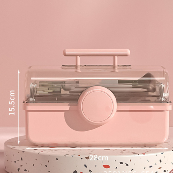 Skrivebords Makeup Box Transparent Plast Støvfri Høj Kapacitet Håndholdt Bærbar Opbevaringsboks L Pink
