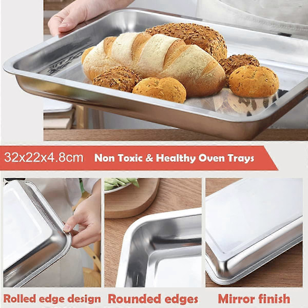 Bageplade Sæt med 2, Bageplader i rustfrit stål til ovn, Non-stick, Spejlfinish, Ikke-giftig & Sund bageplade, Nem rengøring & Opvask