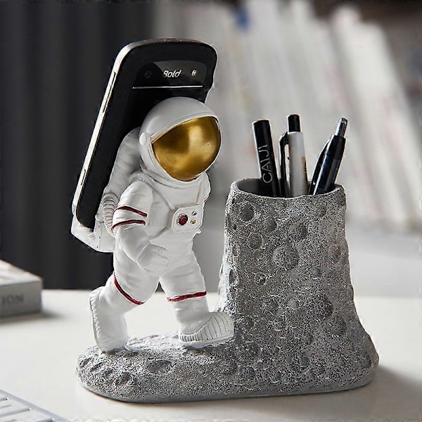 Staty Astronaut Pennhållare med Telefonhållare, Mobiltelefonhållare i Resin för Rymdman Penna för Hemmakontorsdekoration, Presenter till E-älskare