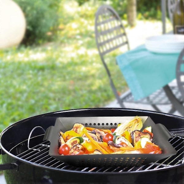 Grillkurv i stål for grønnsaker - Non-stick grillkurv med 2 oljekoster - Grillkurv for grønnsaker, fisk og kjøtt - Egnet