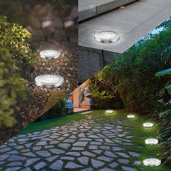 4 Pakke Solcelle Ground Lights, 12 LED Varm Hvit Solcelle Utendørs Lys, IP65 Rustfritt Stål Vanntett, Plen, Hagegang, Hage