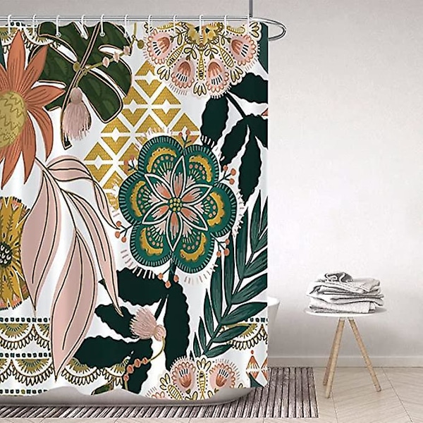 Bohemia Bruseforhæng, Boho Stil Bruseforhæng Blomster Rose Grønt Blad Badeforhæng Skimmelsikker Vandtæt Vaskbart Polyesterstof Badeværelsesforhæng