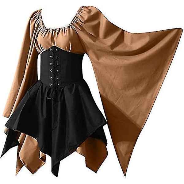 Middelalderlig Renæssance Pirat Korsetkjole med Flare Ærmer - Kvinders Traditionel Irisk Kort Kjole (4XL, Khaki/Sort)
