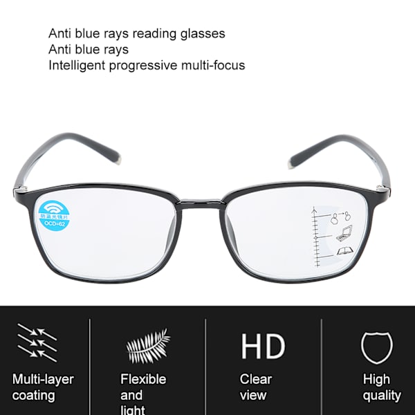 Unisex Visual Fatigue Relief Multifokala läsglasögon Anti Blue Rays presbyopiska glasögon (+100 svarta)