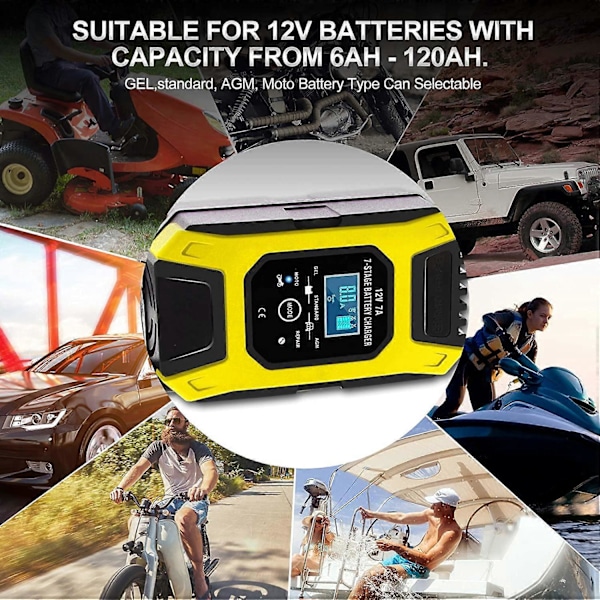 Smart Batterioplader 7A/12V Bærbar Hurtig Motorcykeloplader med LCD-skærm Beskyttelse Reparationstilstand til Bil Motorcykel Auto Gul