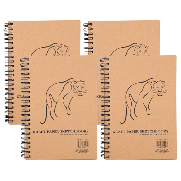 4 stk. Kraftpapir Skitsebog Retro Skitseblok Håndmalet Tyk Kunst Tegneblok Spiral Notebook
