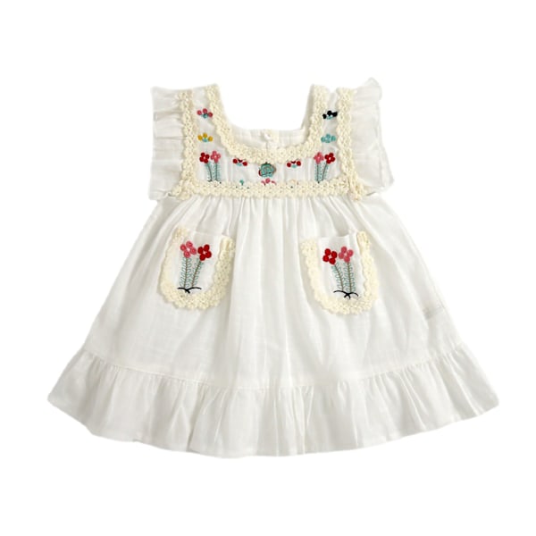 Baby Girl Dresses Cotton Sleeveless Embroidery Breathable Summer Dress with Ruffle Hem for 1 Year Old Toddlers White 73cm / 28.7in