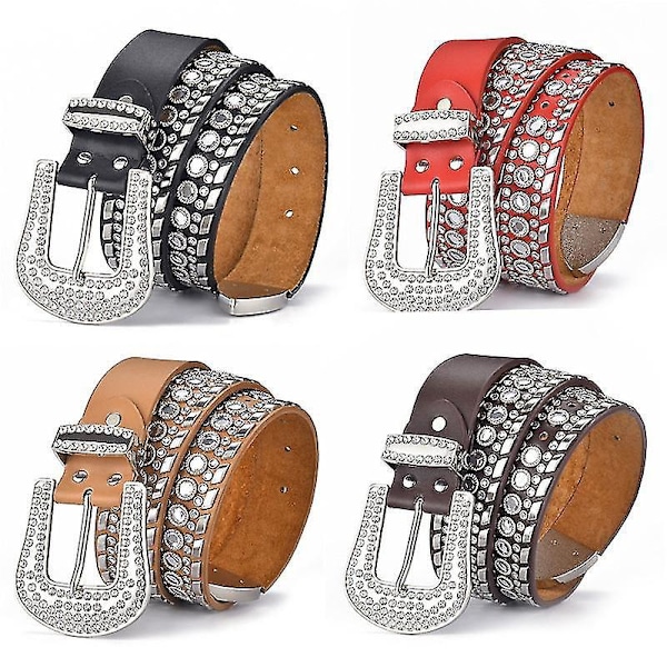Naisten Strassinen Vyö, Western Cowgirl Bling-nastat Nahkavyö Jeans Housut, Musta, 110cm