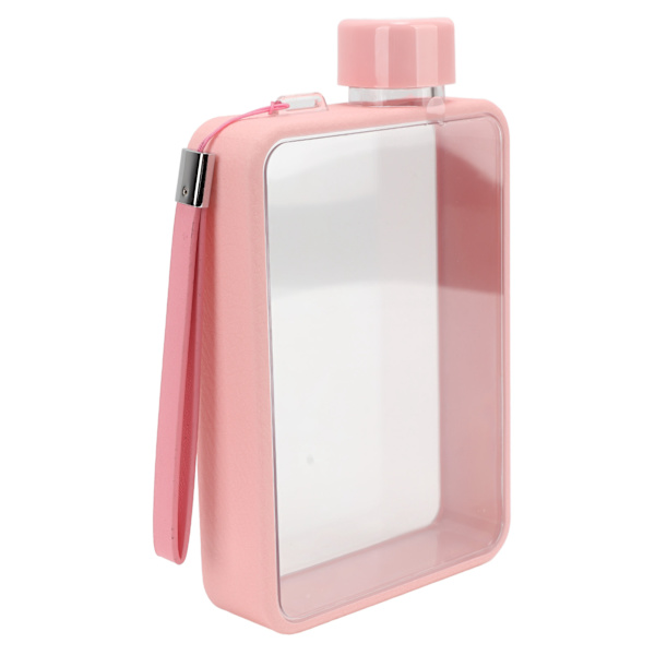 Flad vandflaske i plast, lækagesikker, transparent, firkantet, bærbar A5-papir vandflaske 380ml pink