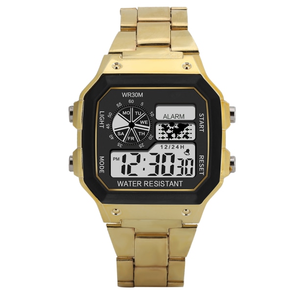 Elektroninen digitaalinen watch vedenpitävä yövalo urheilurannekello ruostumattomasta teräksestä, kultainen