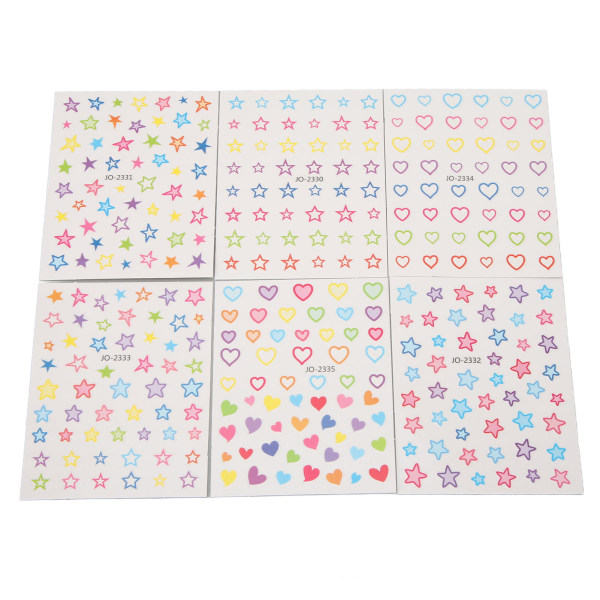 6 ark Star Heart Nail Stickers Selvklebende Mix Farge Ulike mønstre Manikyr Decals