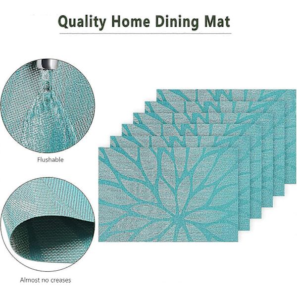 Pöytätabletit Teal, 6 kpl - Kudottu vinyylinen ruokapöydän tabletti, lämmönkestävä, liukumaton, pestävä, helposti pyyhittävä, kotiin ja keittiöön (6 tablettia)(B