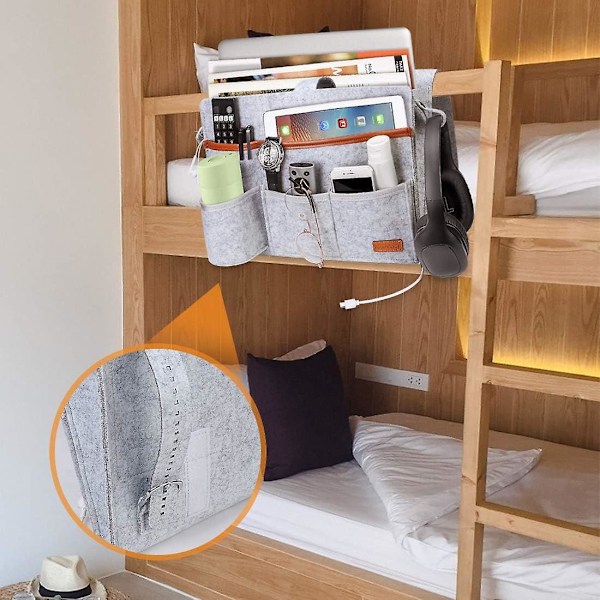 Sängficka i Filt, Sängorganisatör, Hängande Sängficka i Filt för Flaskor, Glasögon, Tidningar, Telefon, Fjärrkontroll, Glasögon, iPad - Ljusgrå