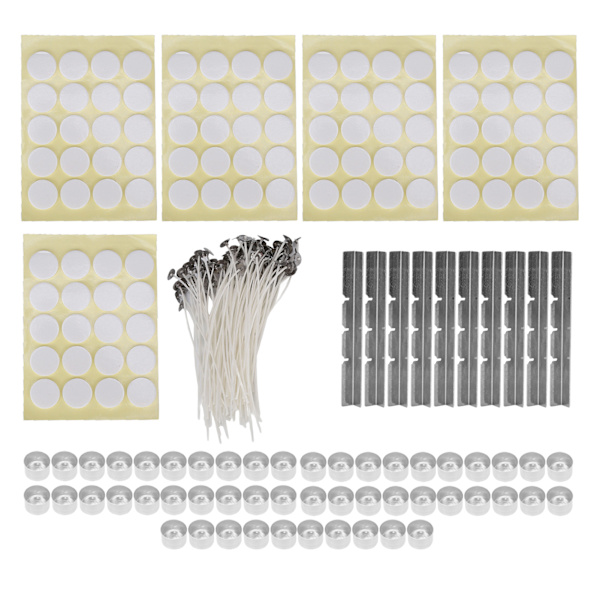 260 st 15 cm ljusvekar 100 st dubbelsidiga tejpstickers 50 st ljusskal 10 st rostfria vekhållare 23 g aluminiumskelett gult
