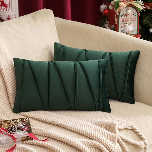 Sæt med 2 30x50CM Mørkegrønne Velour Pudebetræk med Dekorative Striber Håndsyet Rektangulær Blød Boheme Komfortabel Simpel Holdbar til Sofa