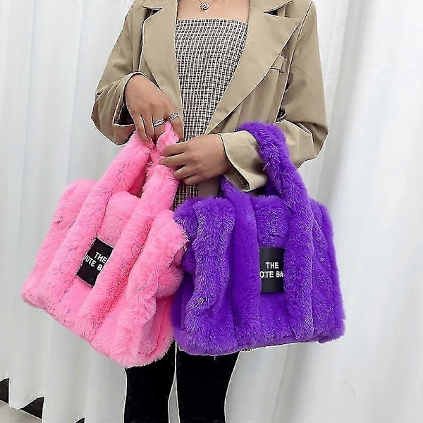 Luksuriøs Designer Faux Fur Tote Taske til Kvinder - Efterår Vinter Plys Skuldertaske Crossbody Tasker Sort