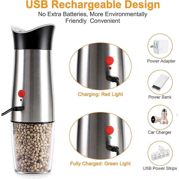 Elektrisk Salt- og Pepperkvern Oppladbar: - USB Automatisk Gravitasjons Pepperkvernsett, Justerbar Grovhet Etterfyllbar Auto Pepperkorn Sh