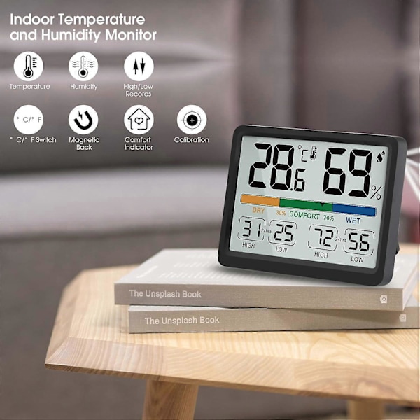 97x73x19mm, Inomhus Hygrometer Termometer - Digital inomhustermometer med maximal och minimal historik, Växlingsalternativ mellan F / C, Lätt att använda, C
